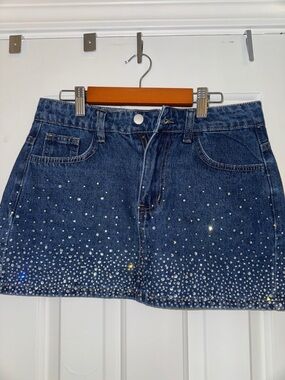 SHEIN Dark Blue Denim Mini Skirt with Rhinestone Accent